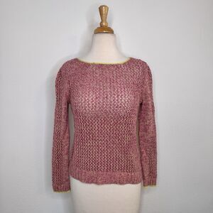 Maje Womens Sweater Size Small Cotton Open Knit Pink Neon Lime Trim Beachy Boho